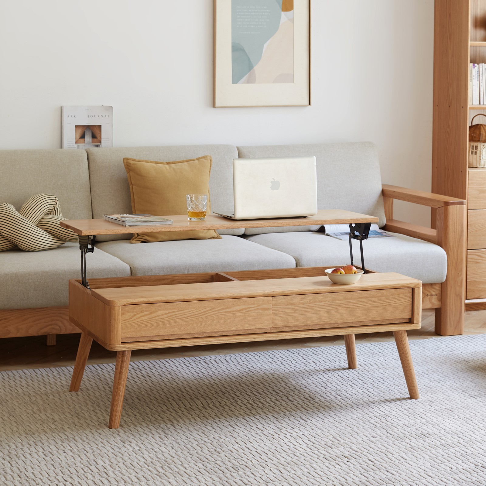 Lift-Top Coffee Table Solid Oak Wood Storage Shelf Natural Color