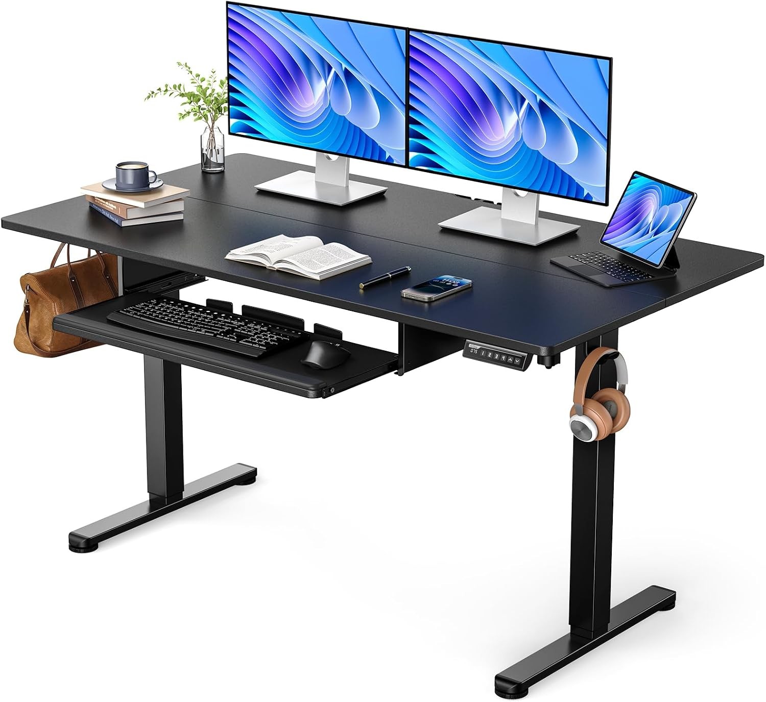 Electric Standing Desk with Keyboard Tray, 55×28 Inches Adjustable Height Sit