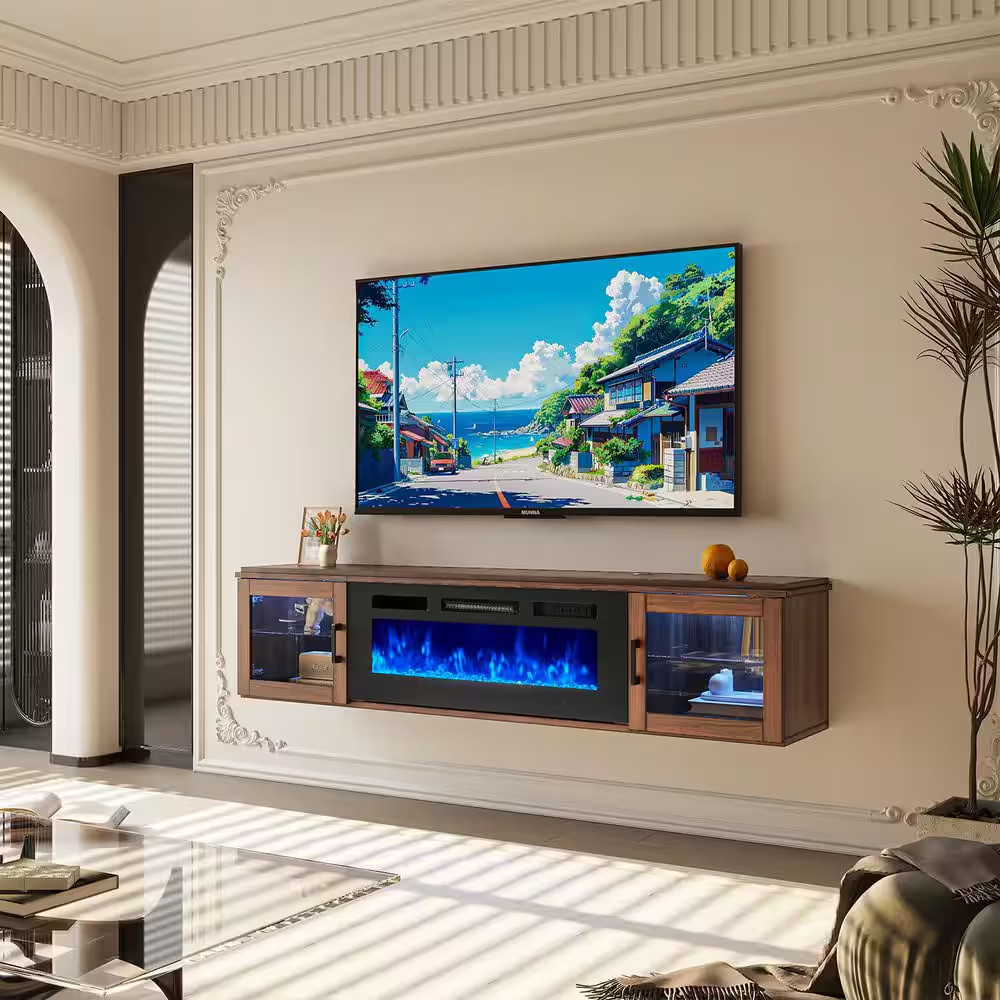 70 In. Wall Mount Modern Electric Fireplace TV Stand with Open Storage Shelves i