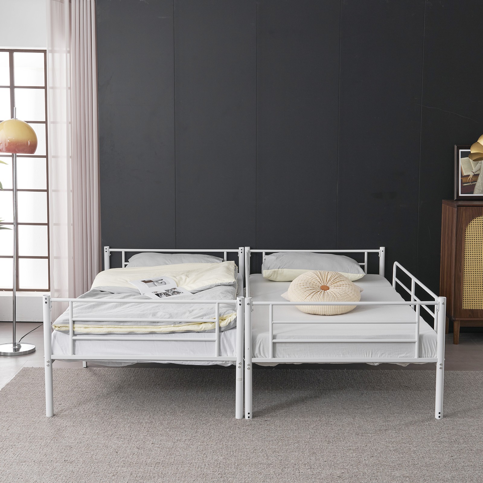 Twin Over Twin Convertible Bunk Bed with 2 Storage Drawers, Metal Bunk Bed White