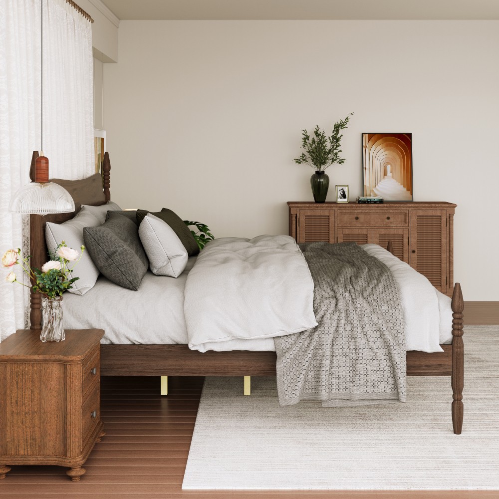 King Size Platform Bed Frame with Walnut Headboard & Spindle Design