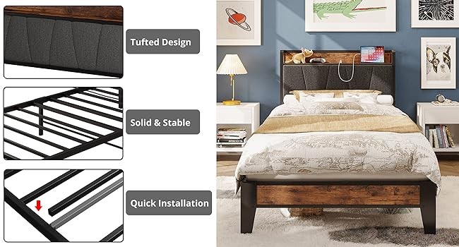 Twin XL Bed Frames, Storage Headboard with Charging Station, Solid and Stable,