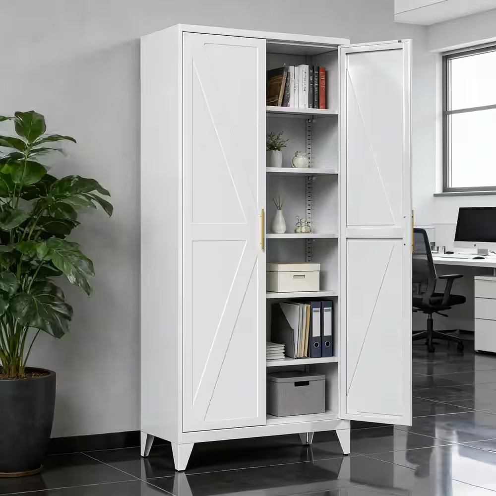 32 In. W X 75 In. H X 16 In. D White Metal Freestanding Storage Cabinet, Kitchen