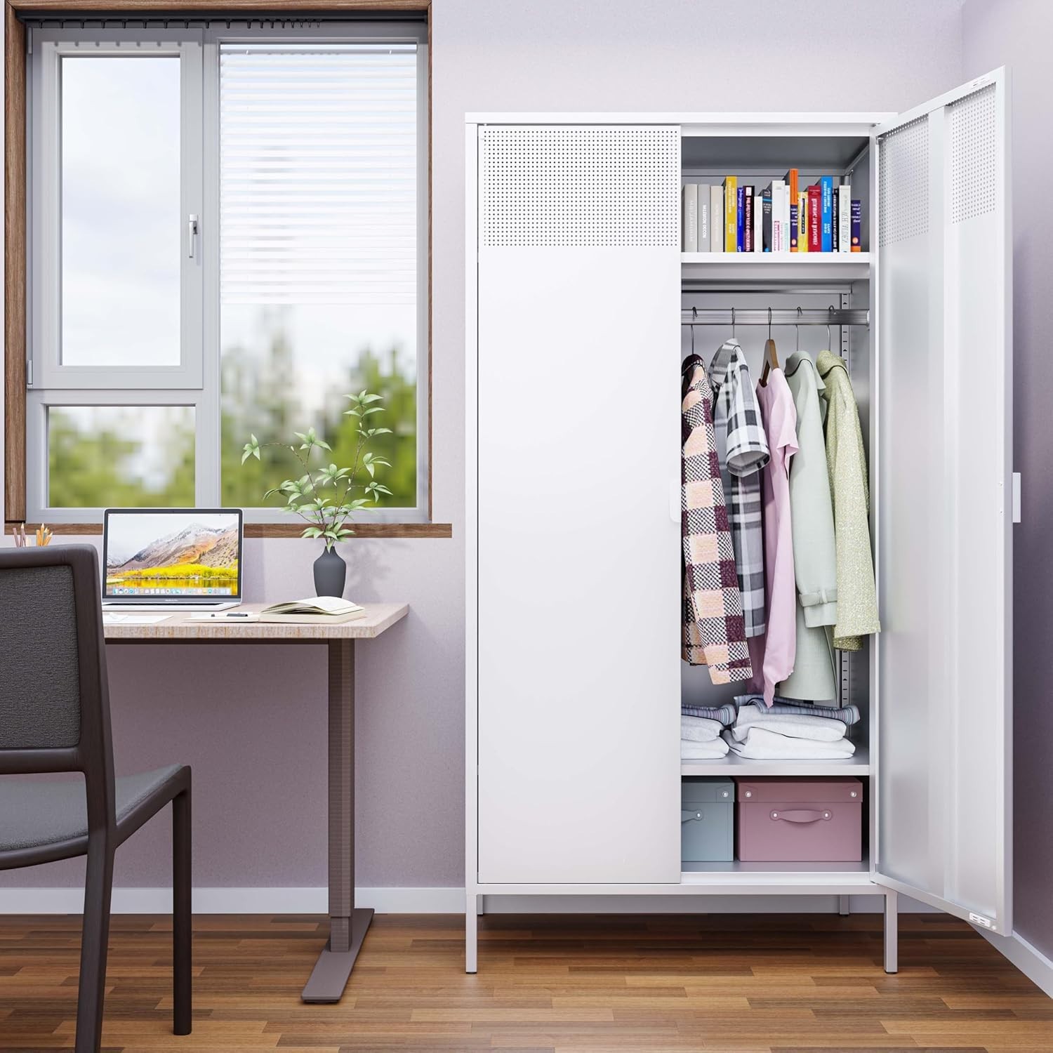 White Metal Wardrobe Closet ,Storage Cabinet With Hanging Rod For Home,Bedroom