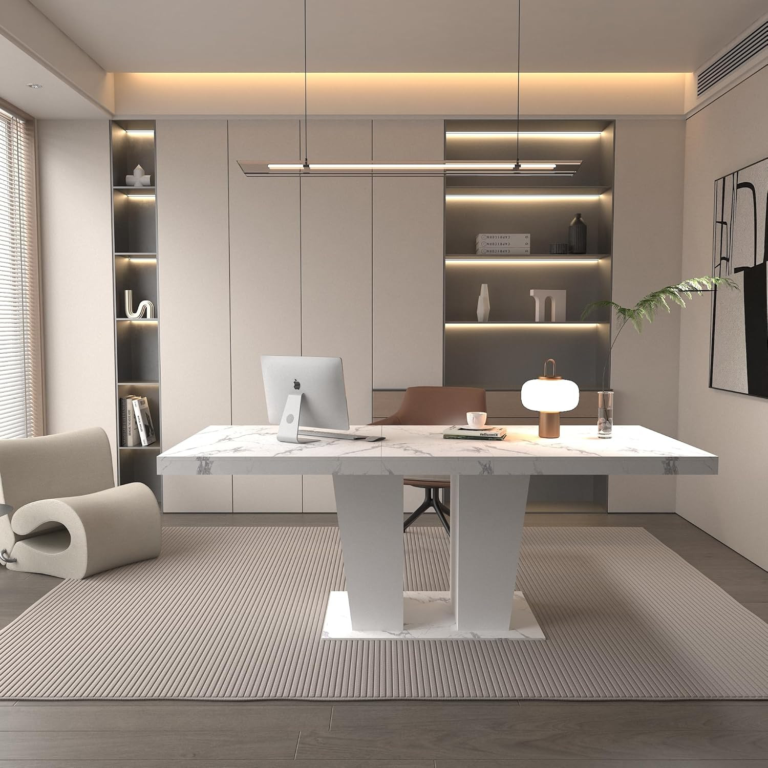 Extendable White Marble Dining Table for 6-10, Modern Rectangular Design