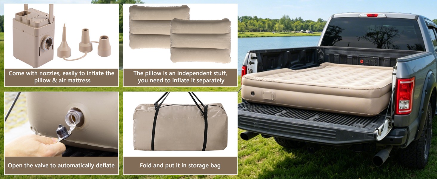 Inflatable Truck Bed Air Mattress 6-6.5 FT Full Size, Built-in Air Pump,