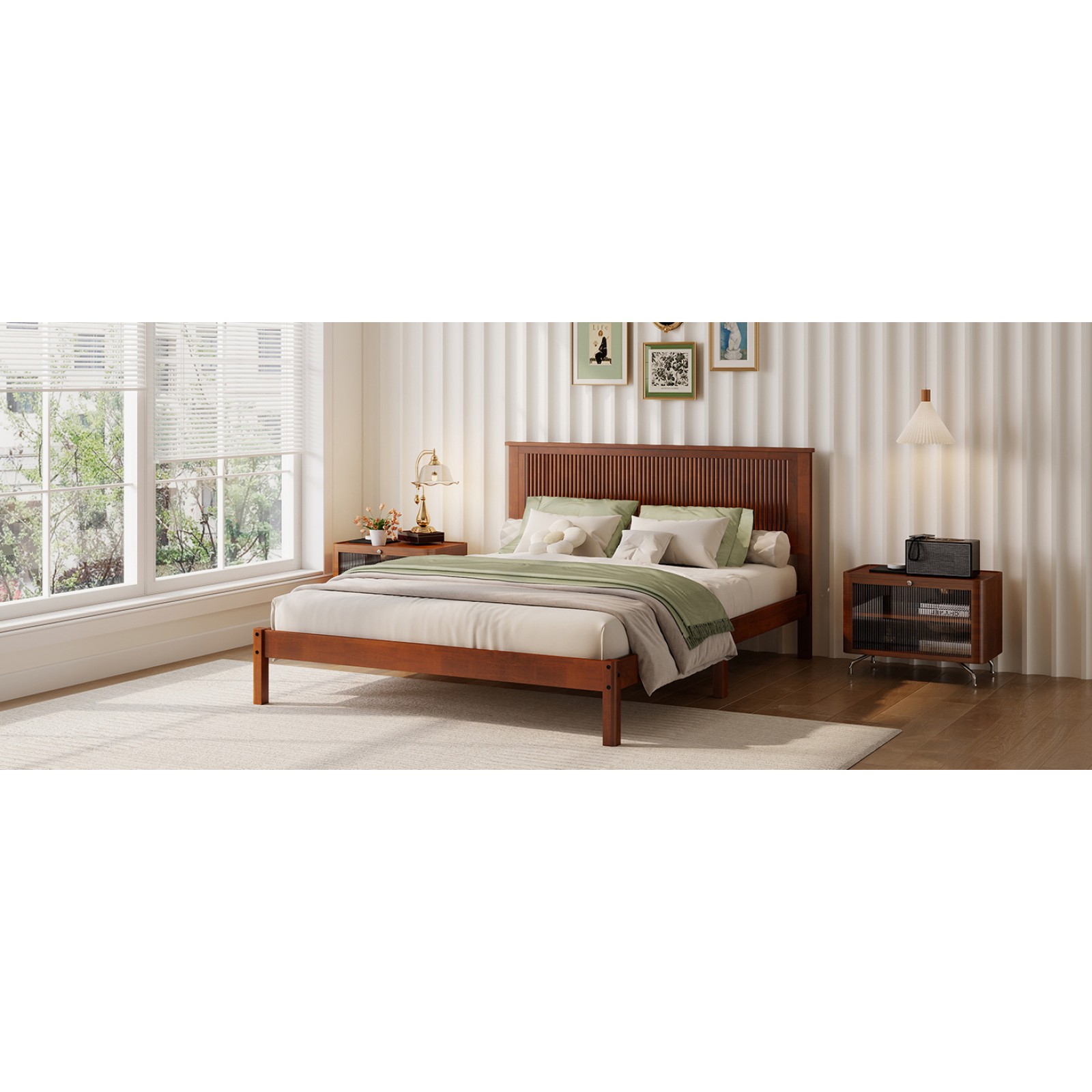Queen Size Solid Rubber Wood Bed Frame with Wave Headboard, Walnut