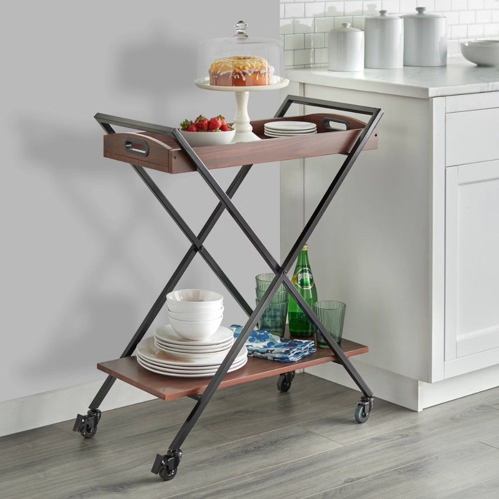 Landress Metal Frame Bar Cart with Serving Tray Walnut/Black