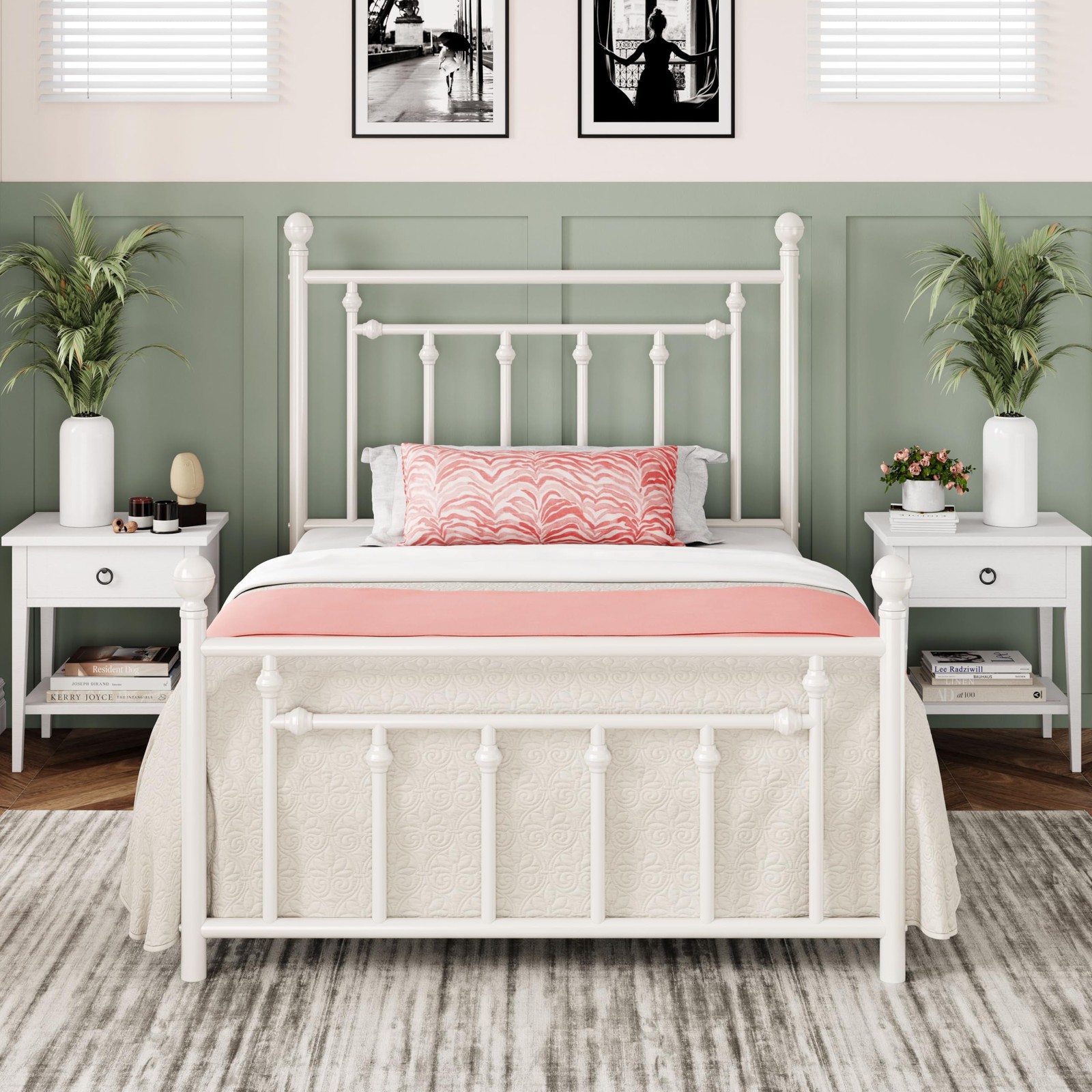 Allewie Twin Metal Platform Bed Frame with Headboard, Storage, White