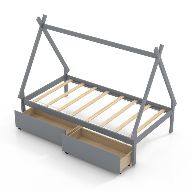 Twin Size Wooden Platform House Bed w/ 2 Drawer Roof Storage Boy & Girl Kids Bed