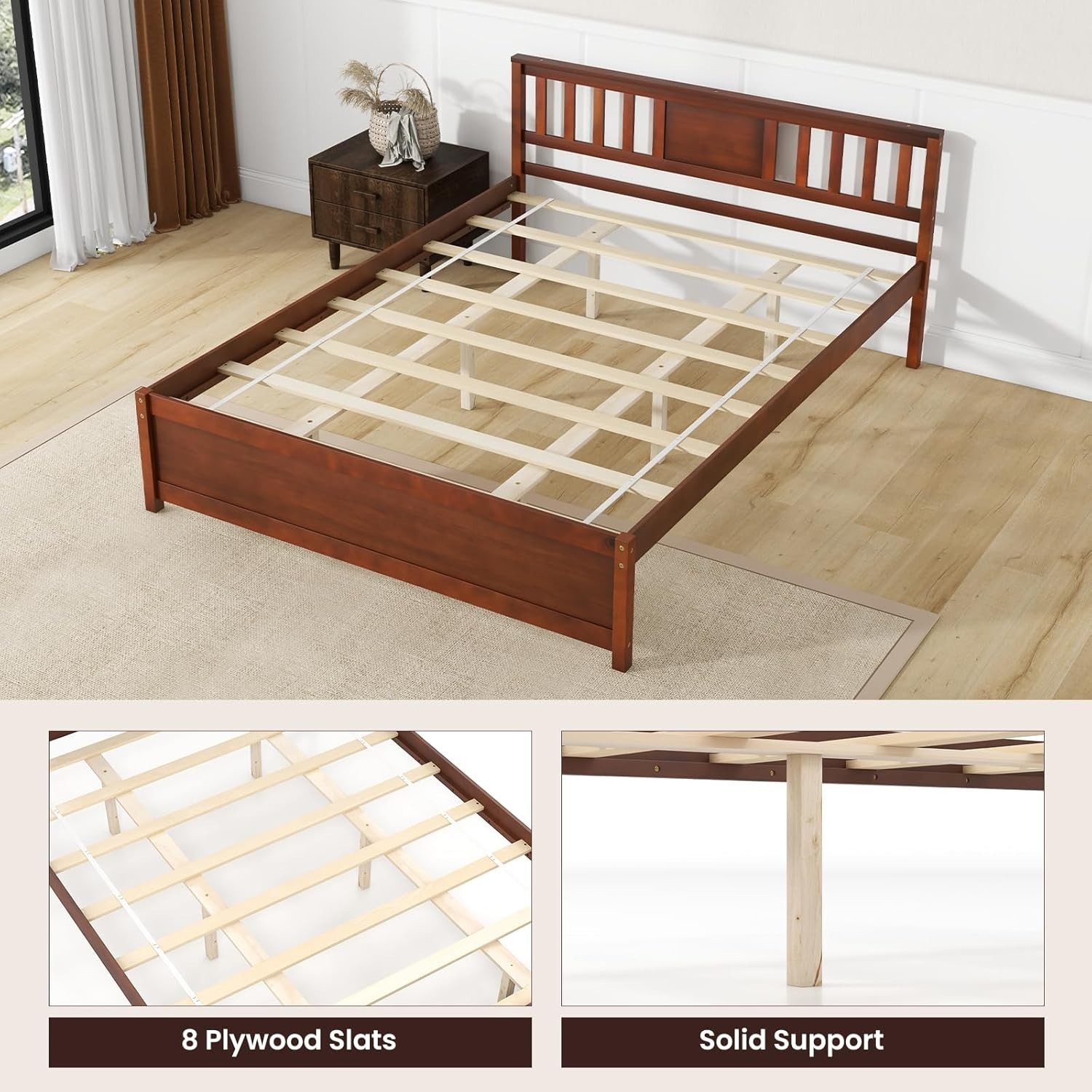 Mid Century Queen Solid Wood Bed Frame with Headboard – Easy Assembly, Walnut
