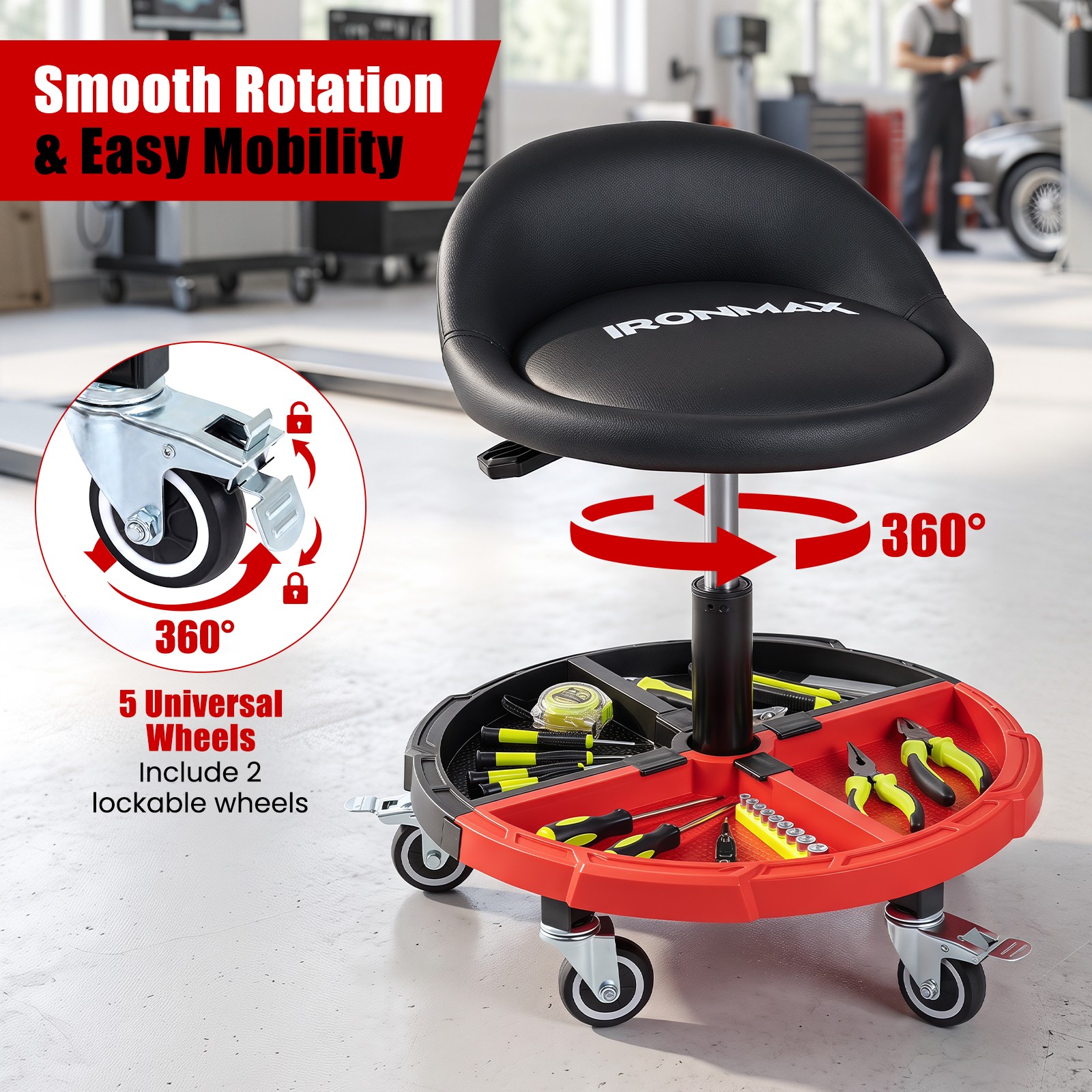 360° Rolling Mechanic Stool w/Tool Storage Tray, Backrest, Lockable Wheels