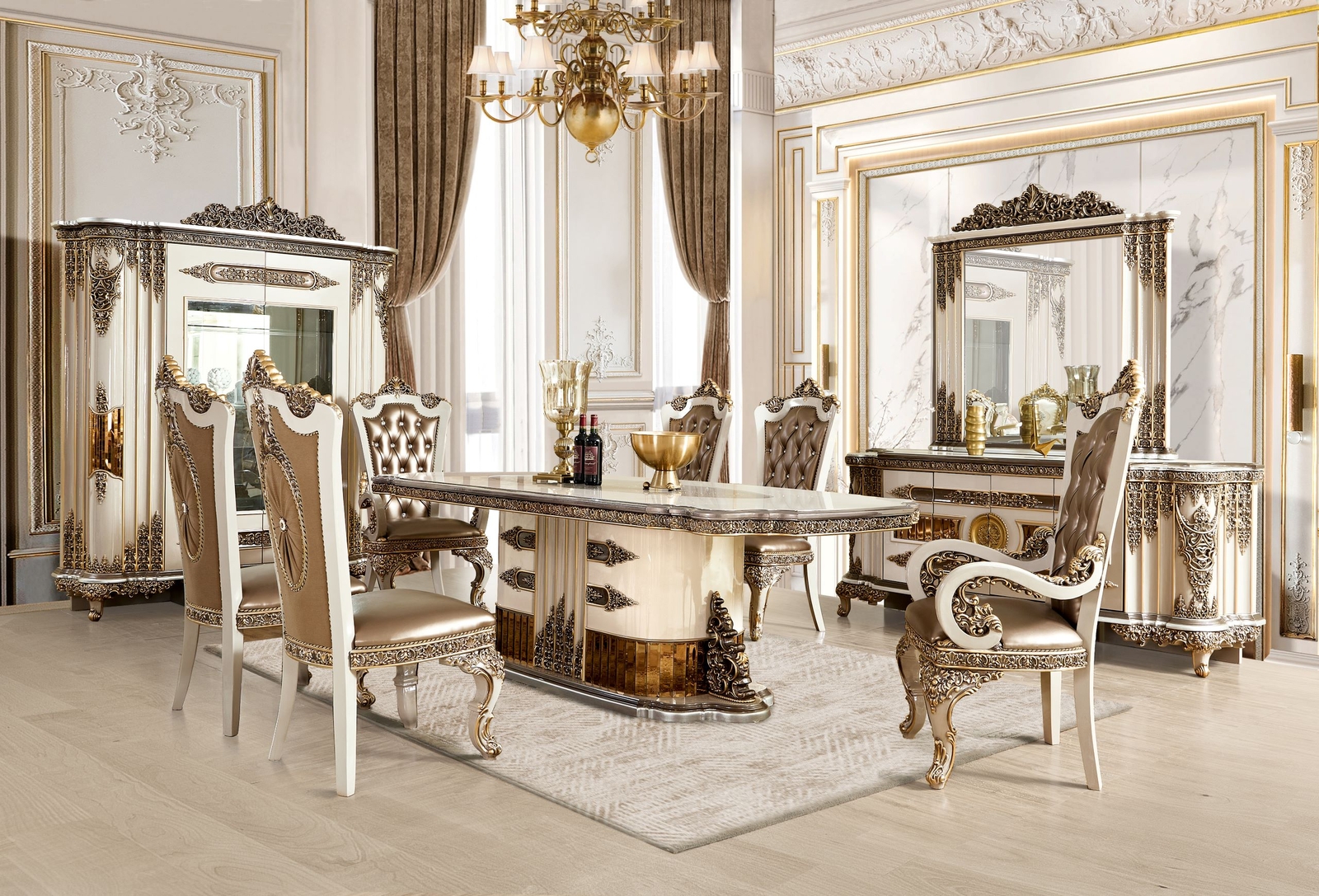 Luxurious Pedestal Base Table Classic Beige and Gold Finish 7 Pcs Dining Set