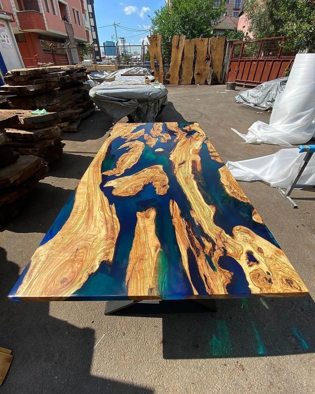 Blue Resin River Table Handmade Live Edge Top Dining Office Desk Furniture Decor