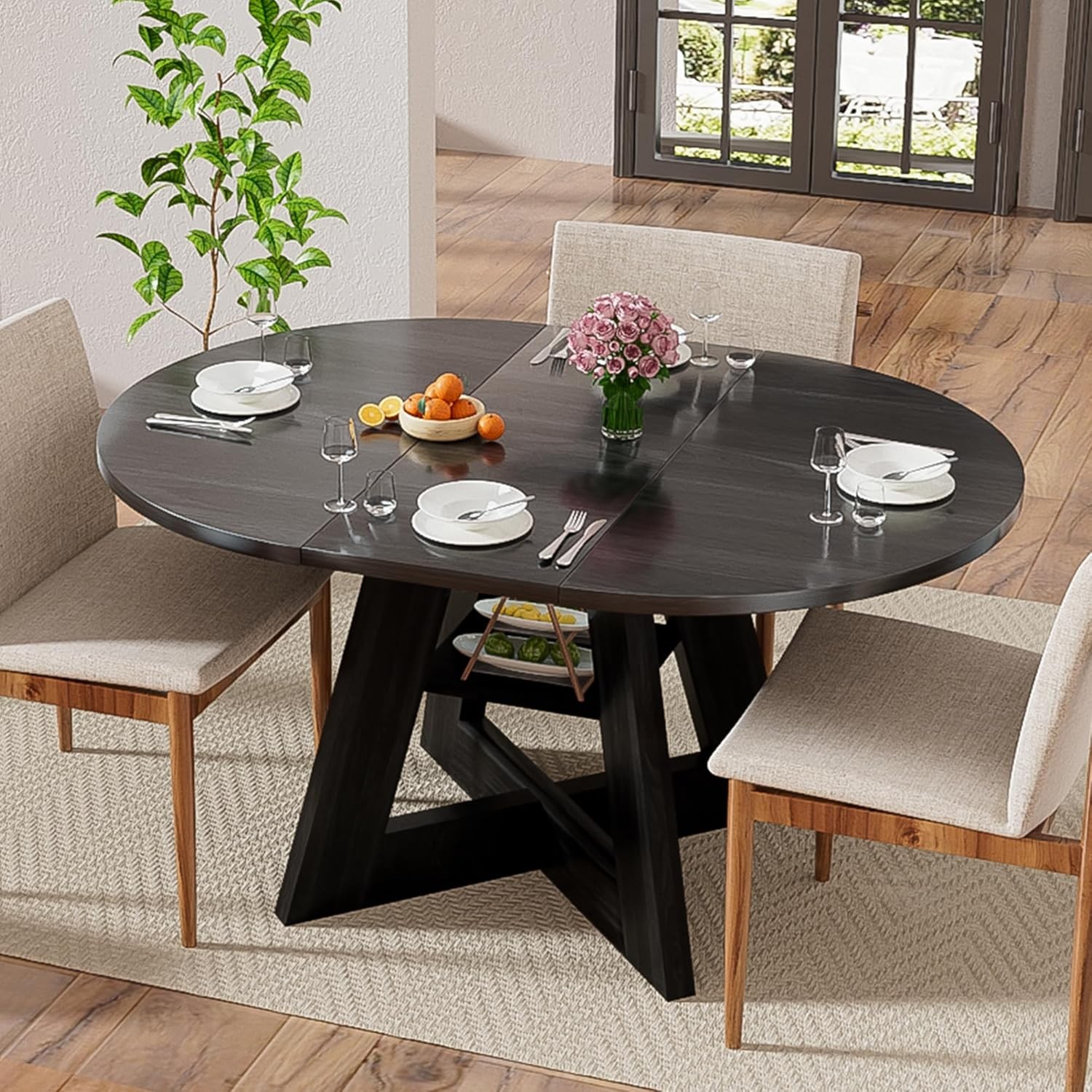 43.3in-59in Extendable Dining Table for 4-6, Round Kitchen Dining Room Table