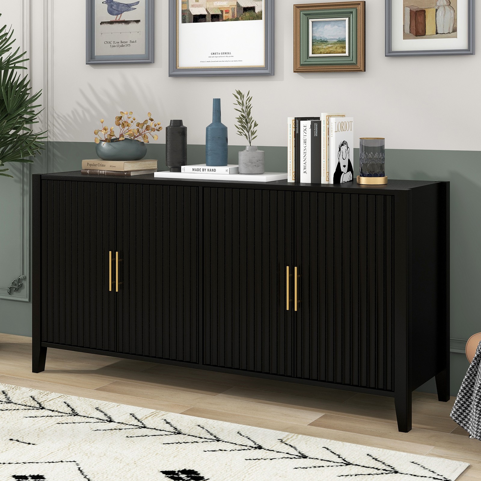 Modern 61.1 Inch Sideboard Table with Solid Wood Legs and MDF Body in Black