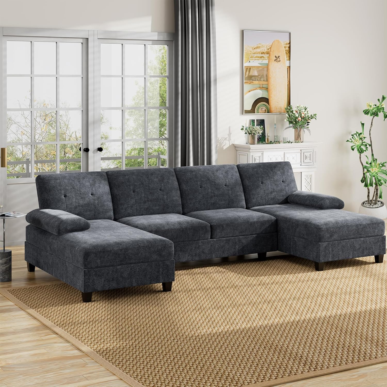 Modern U-Shaped Sectional Sofa with Double Chaise, Black Linen, 4 Seats