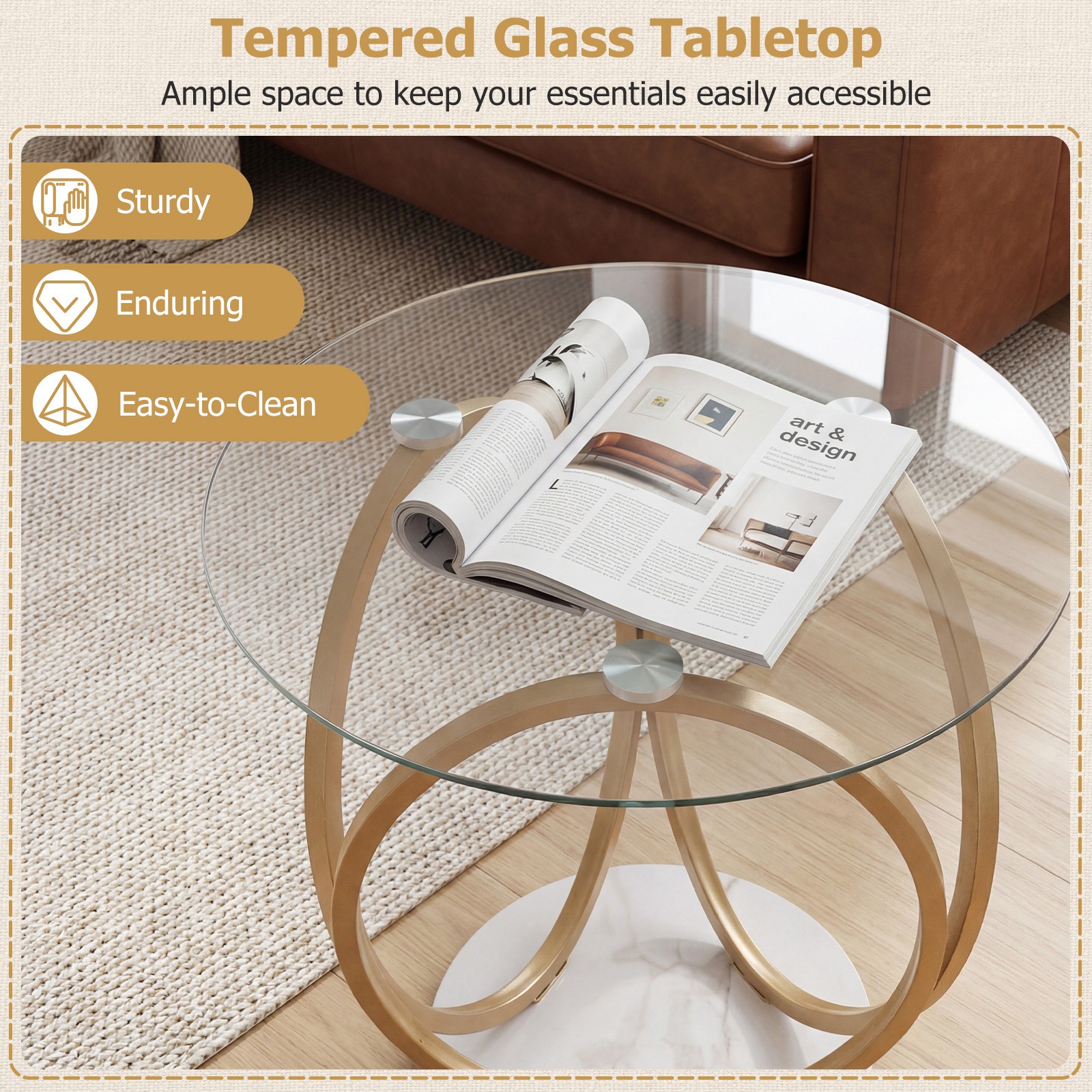 Round End Table Faux Marble Side Table w/Tempered Glass Tabletop & Metal Frame