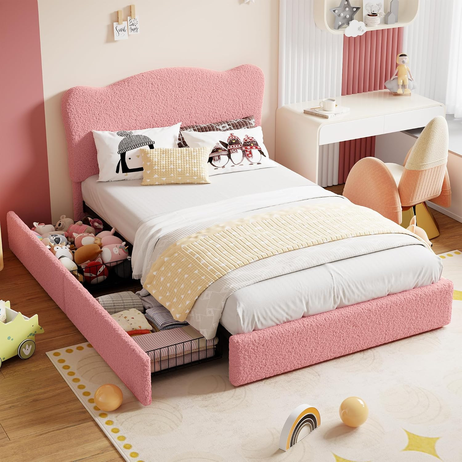 Upholstered Full Size Bed Frame for Kids with 2 Drawers, Velvet Twin Bed for Gir