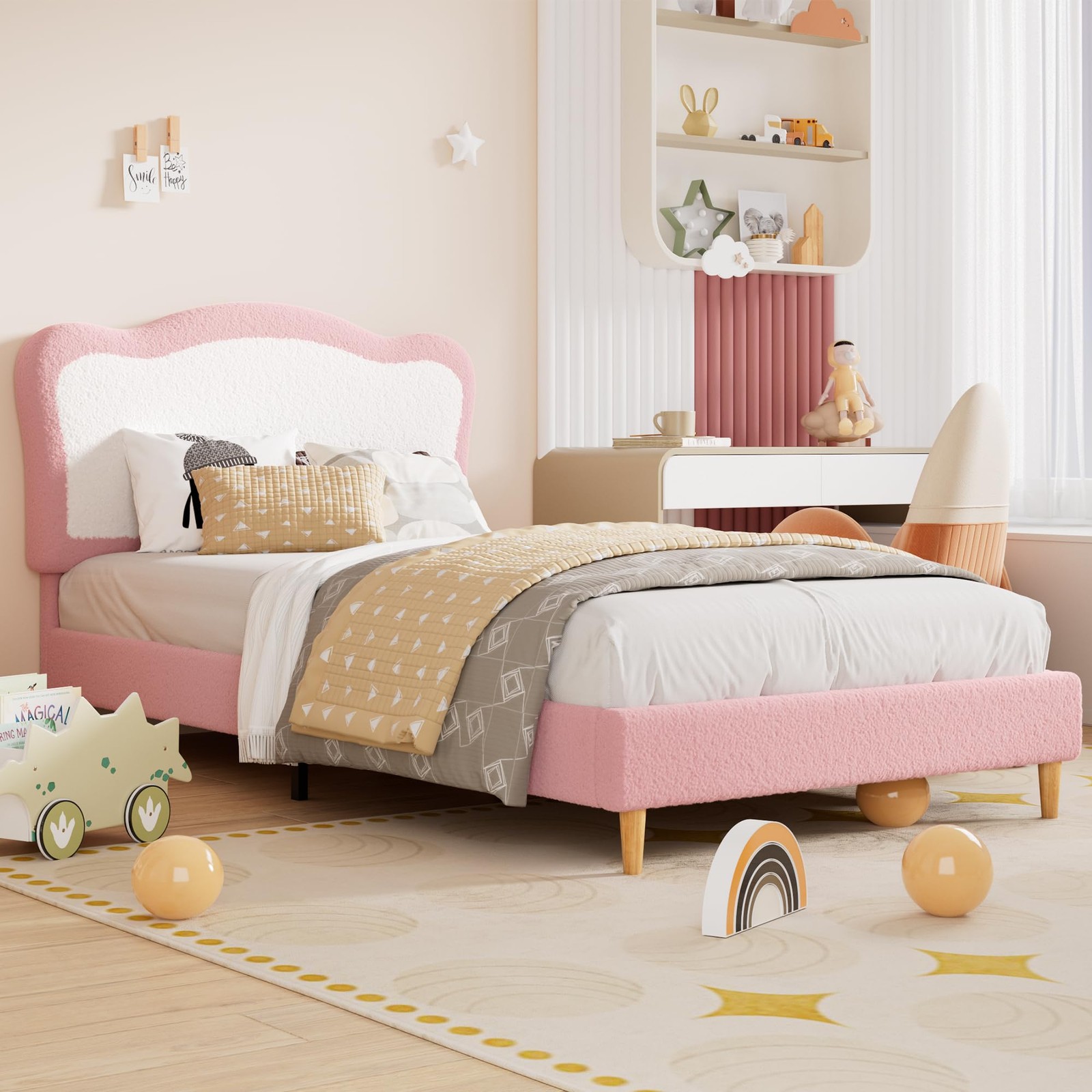 Twin Size Upholstered Bed Frame with Headboard Wooden Slats for Kids/Girls/Boys