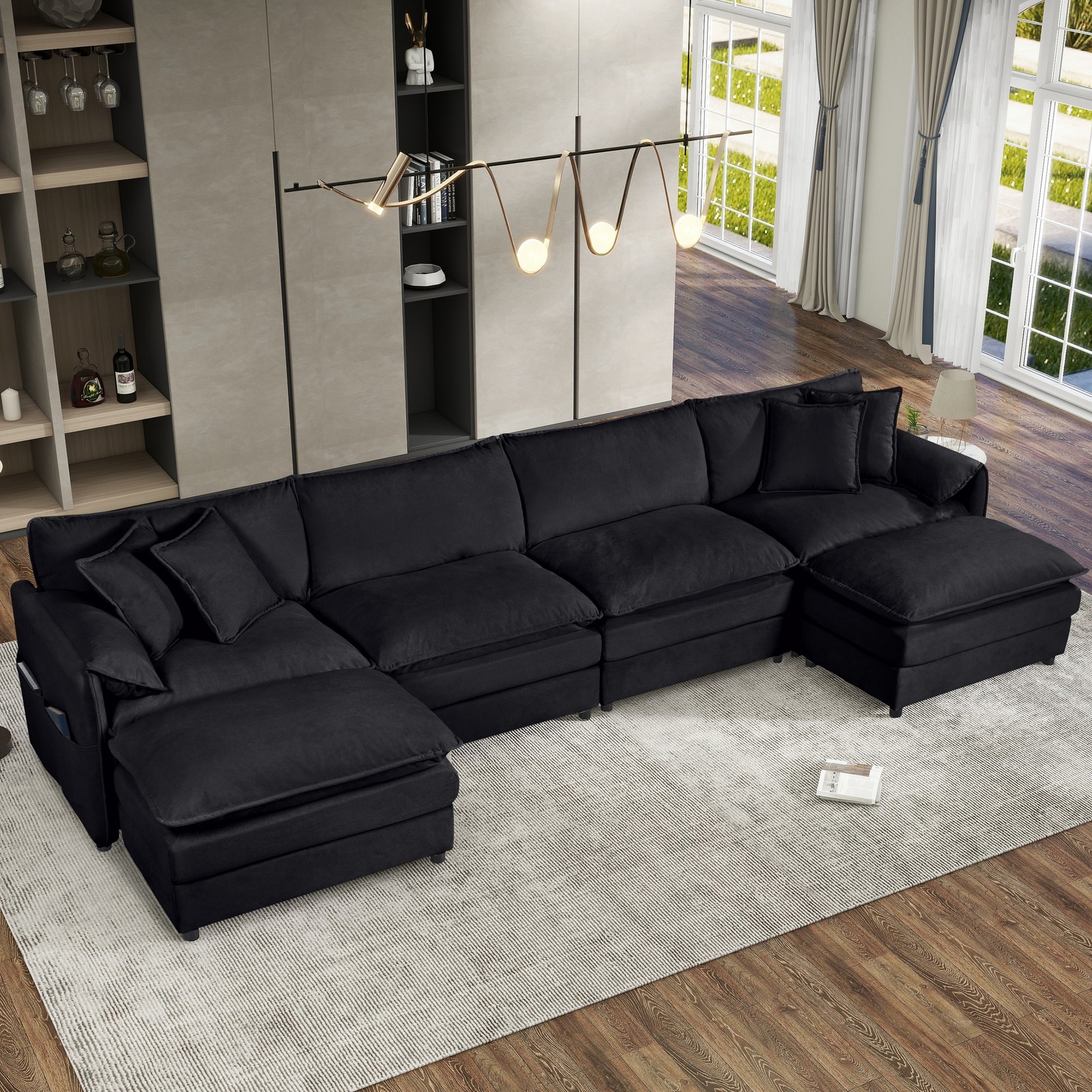 Oversized Deep Seat U Shaped Couch 4-Seater Comfy Cloud Sectional Sofa Black