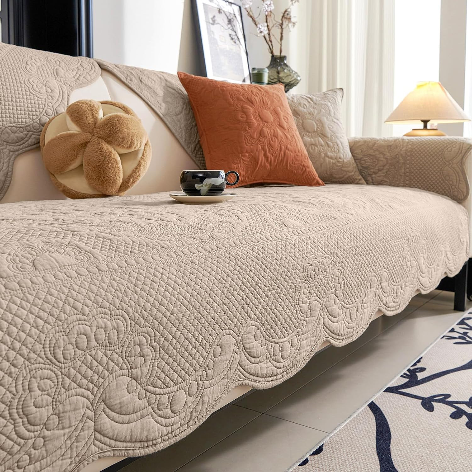 Boho Cotton Quilted Couch Cover Soft Embroidered Sofa Cover Non-Slip Dog Bed Cov