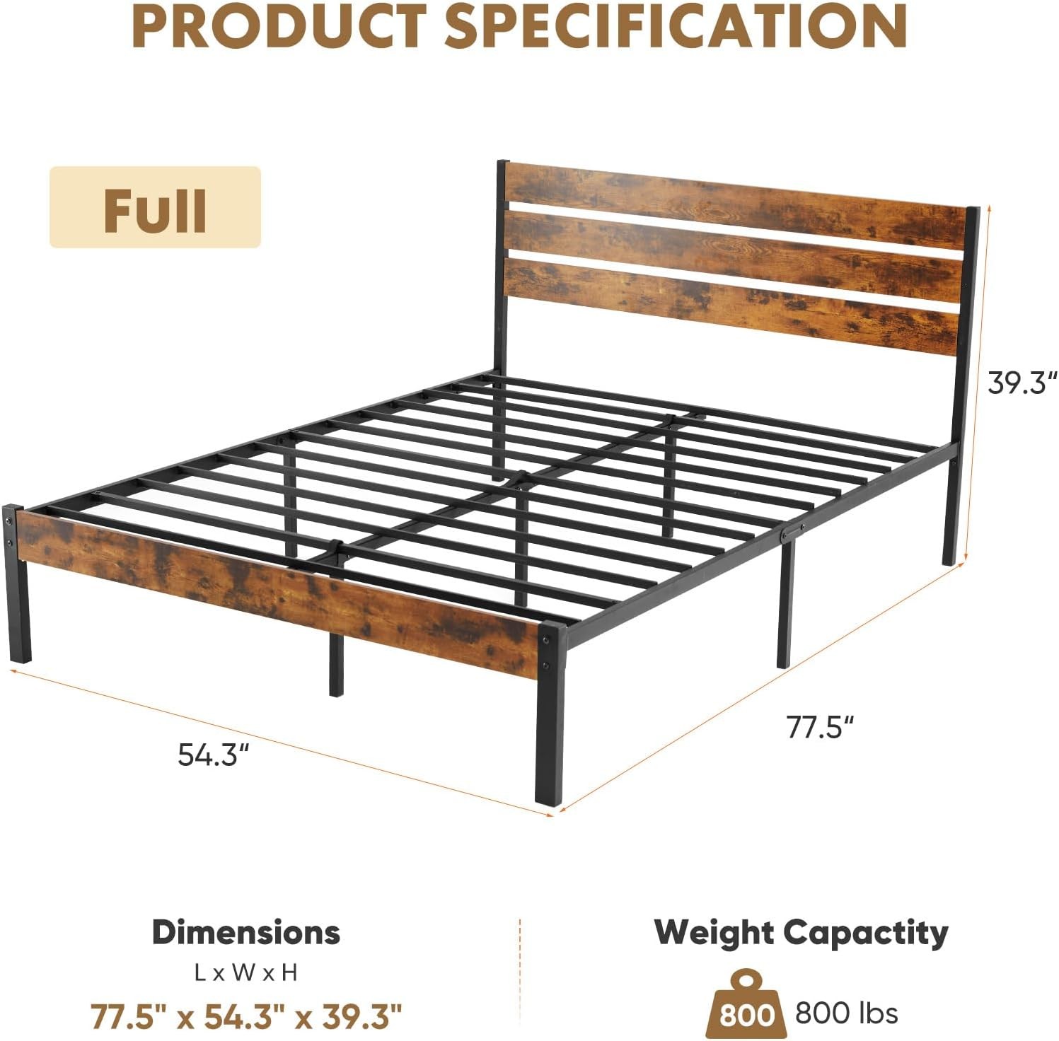 Full Size Bed Frame with Headboard, 800LBS Mattress Foundation with All Sturdy