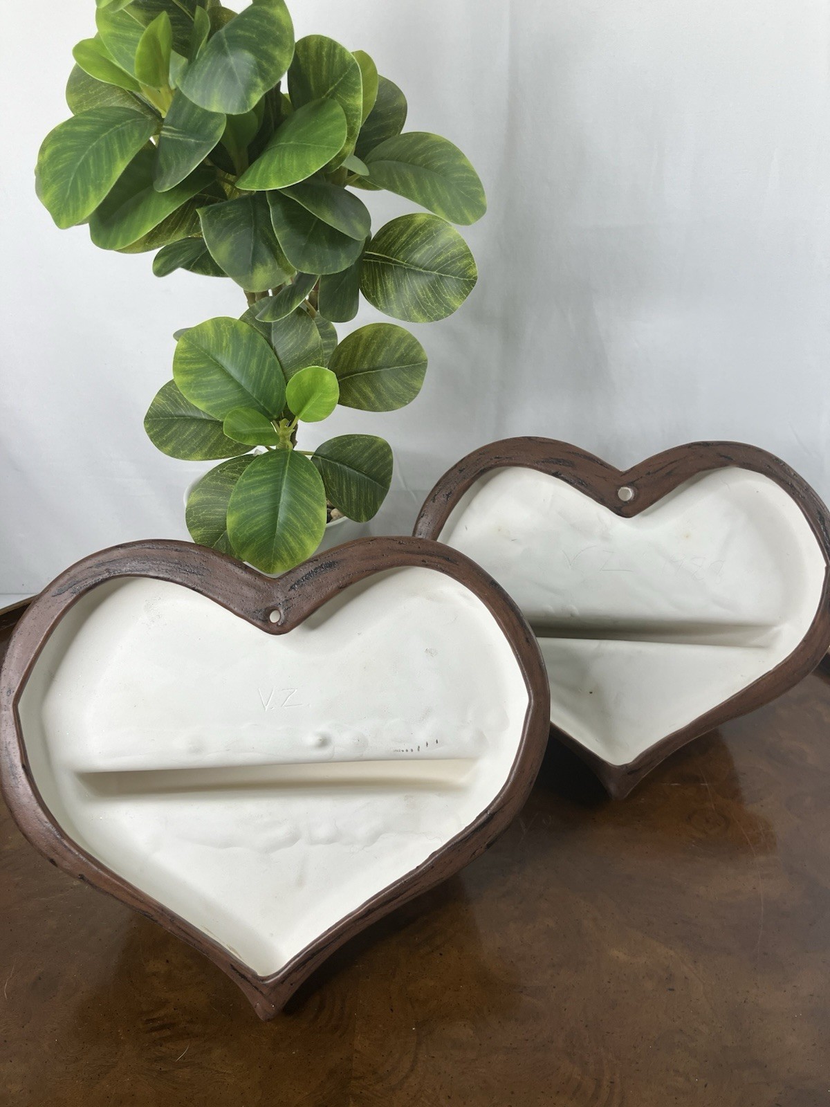 Vintage Pair of Heart Shaped Ceramic Wall Shelf Decor Wood Look Cottagecore