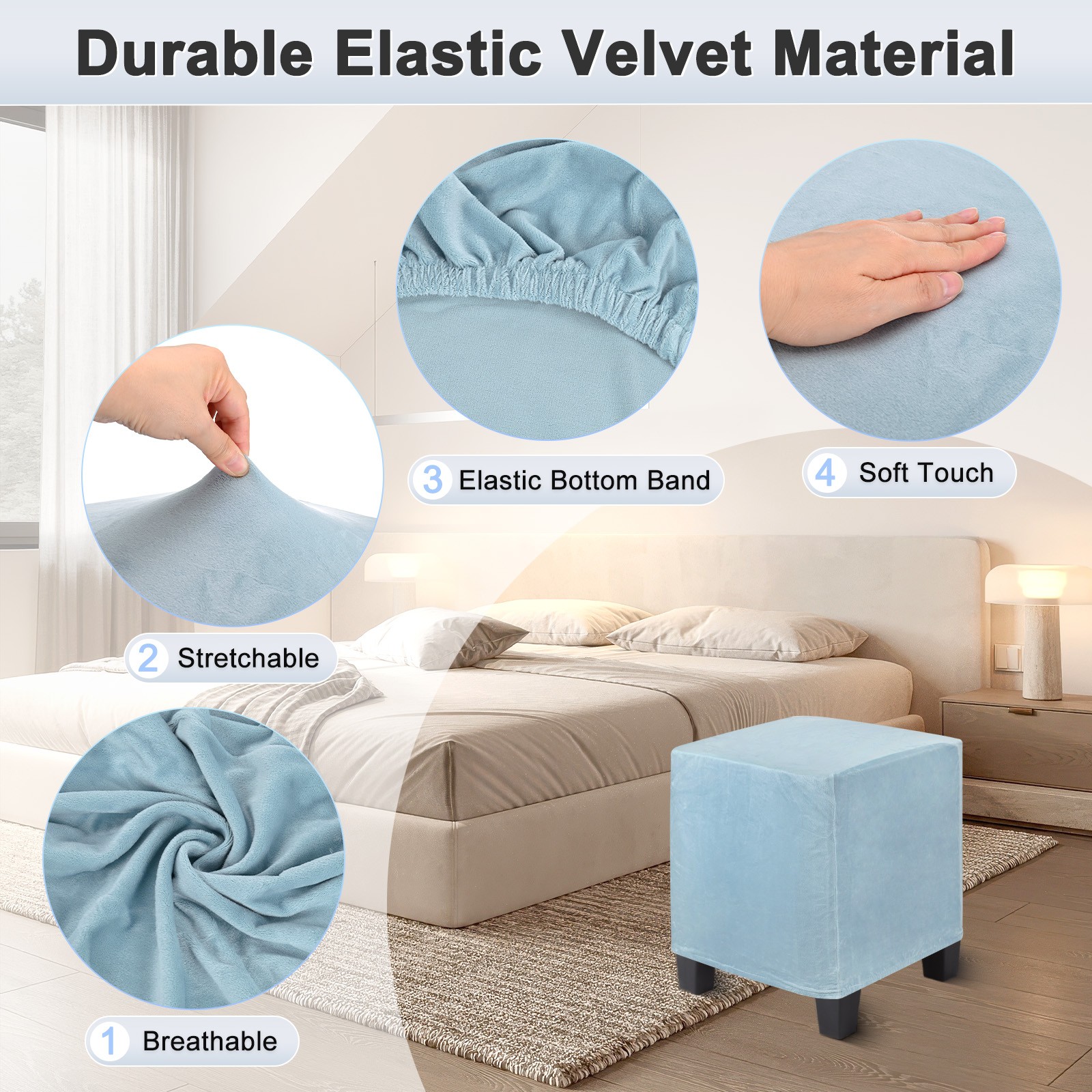 2-Pack 13″x13″x15″ Stretch Square Ottoman covers Footstool Protector Light Blue