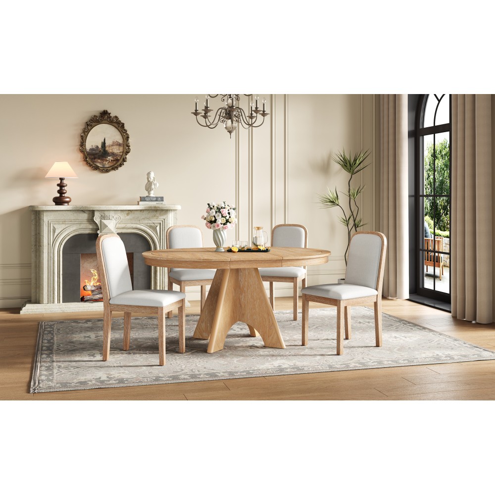 Vintage Extendable Dining Table Set for 4-6 with 4 Upholstered Chairs