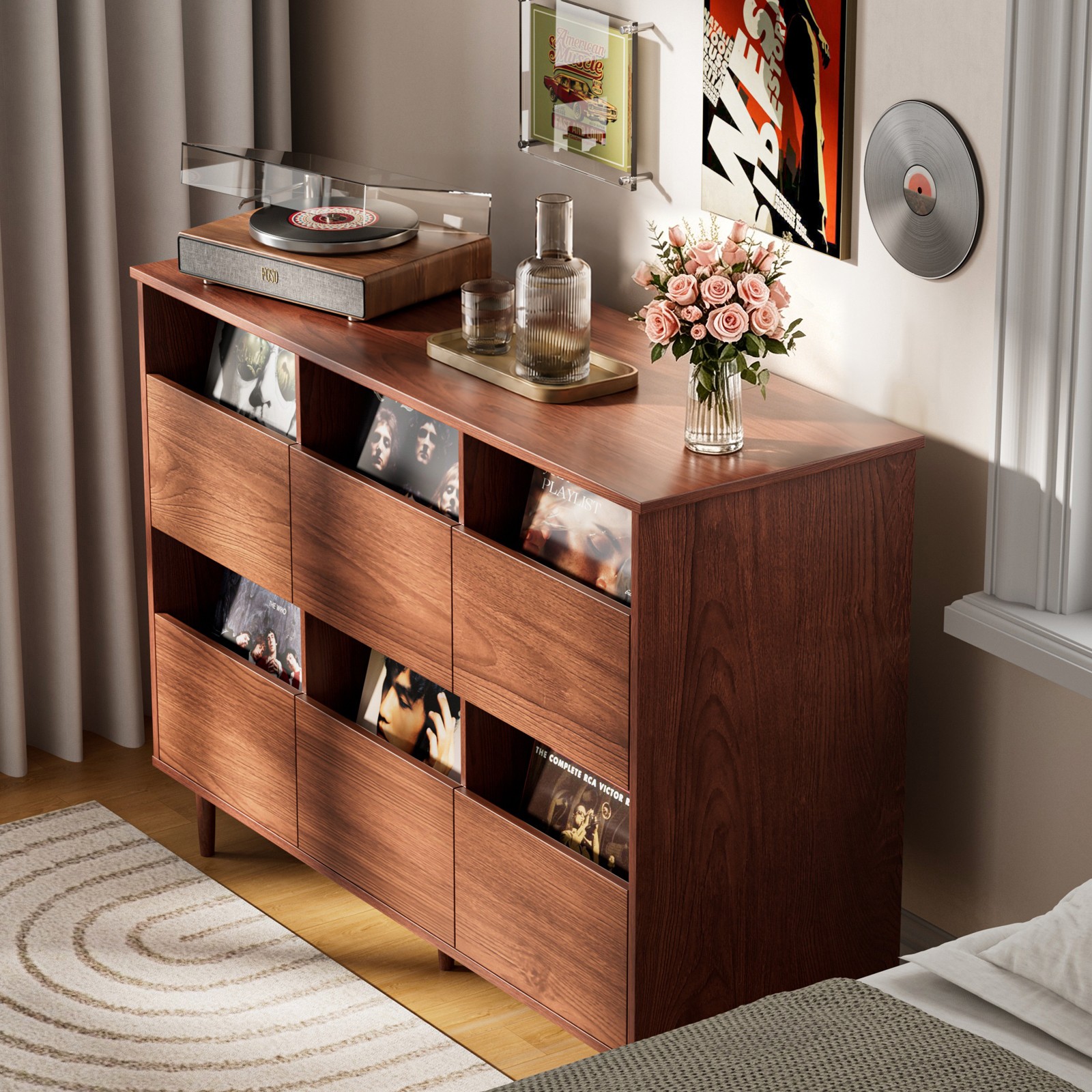 Large Storage Record Player Stand Media Console Vinyl Organizer with 6 Drawers