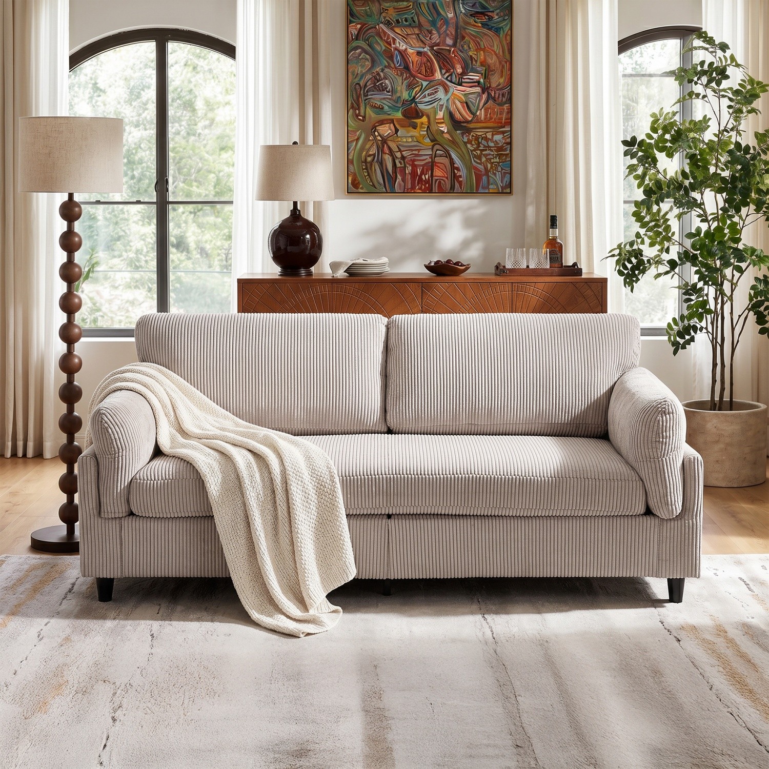 Corduroy Modern Loveseat Sofa 2-Seat Couch Iron & Wood Frame for Apartment 82.6″