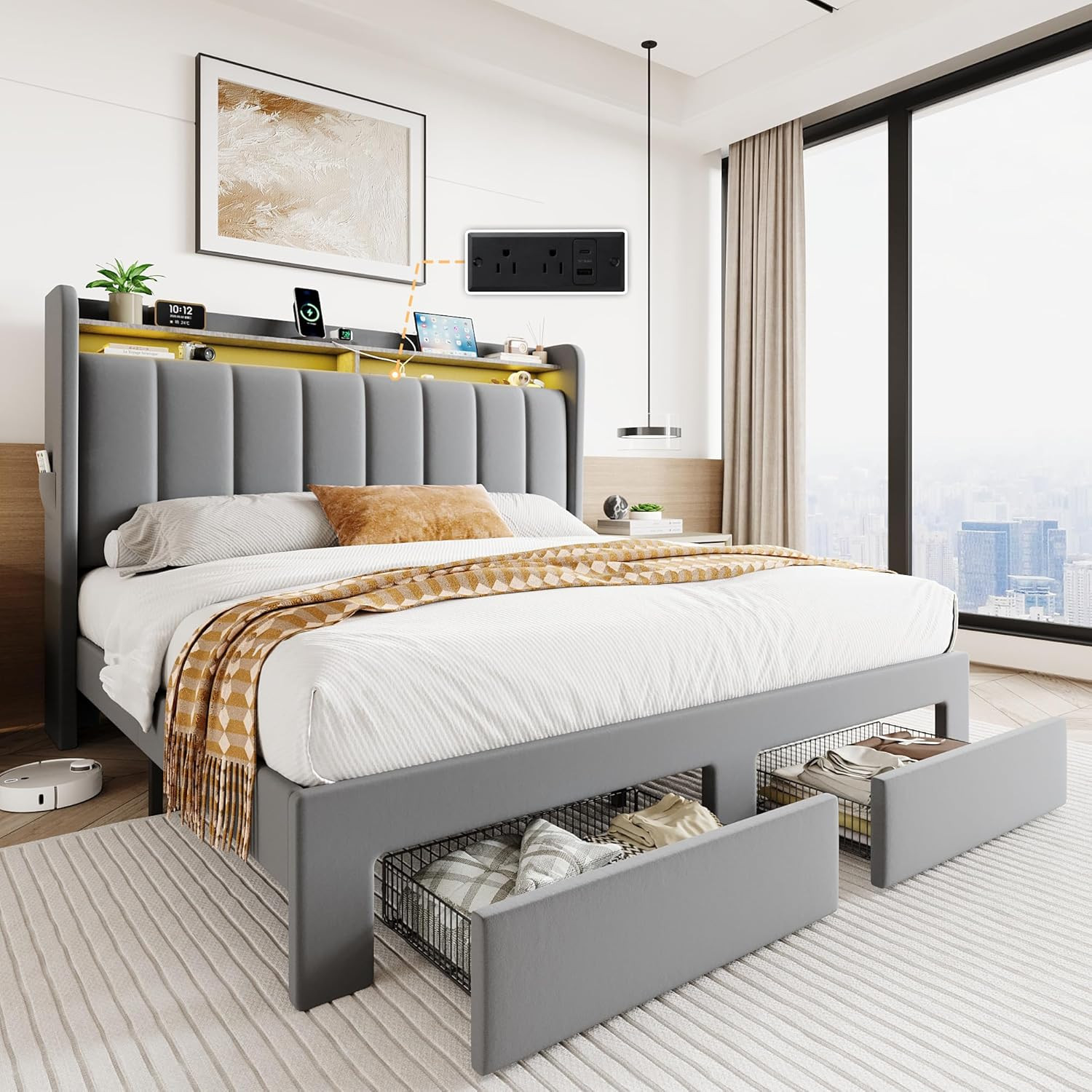 Light Grey Velvet Bed Frame with Tufted Headboard & LED Storage Drawers