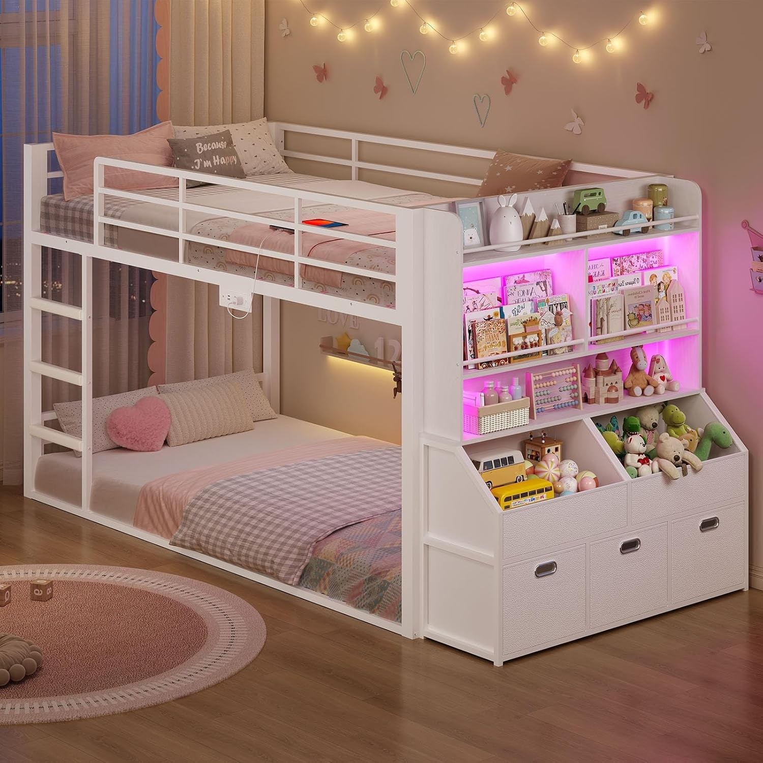 Low Bunk Bed Twin Size with Bookshelf, Toy Organizer & Storage Drawers, Metal