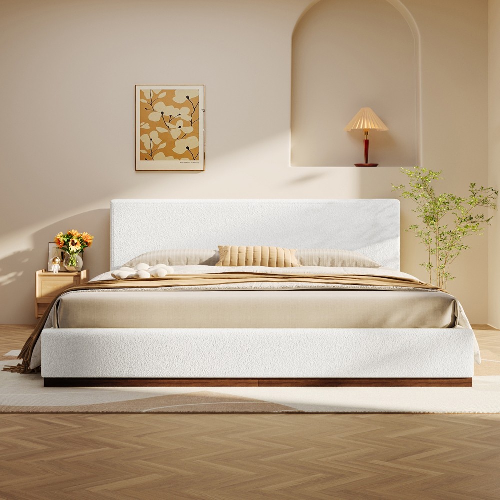 Elegant White Fabric Upholstered Bed With Nice Wood Grain Textured Brown