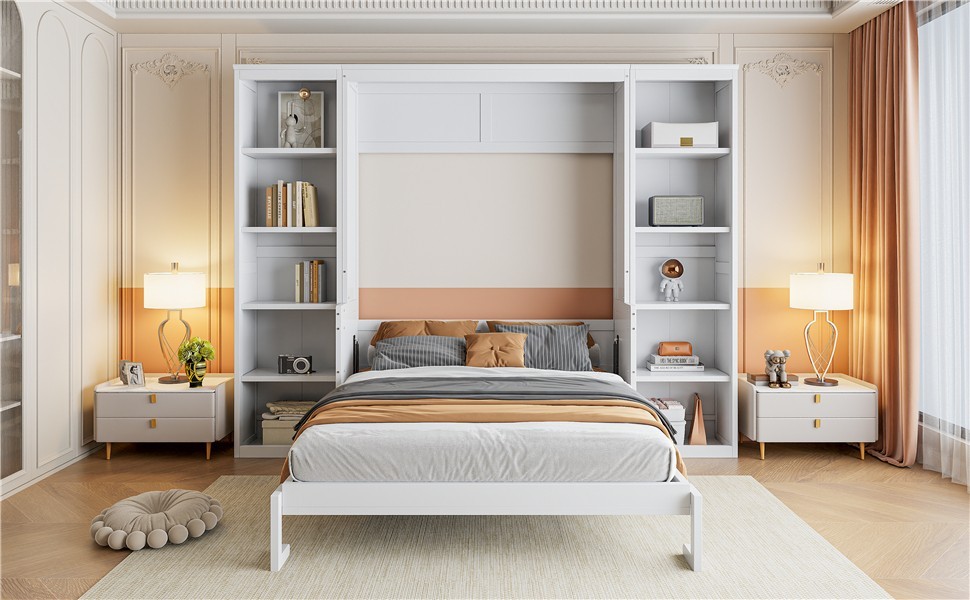 Full Size Murphy Bed Multiple Storage with Desk and Bookshelf for Bedroom White