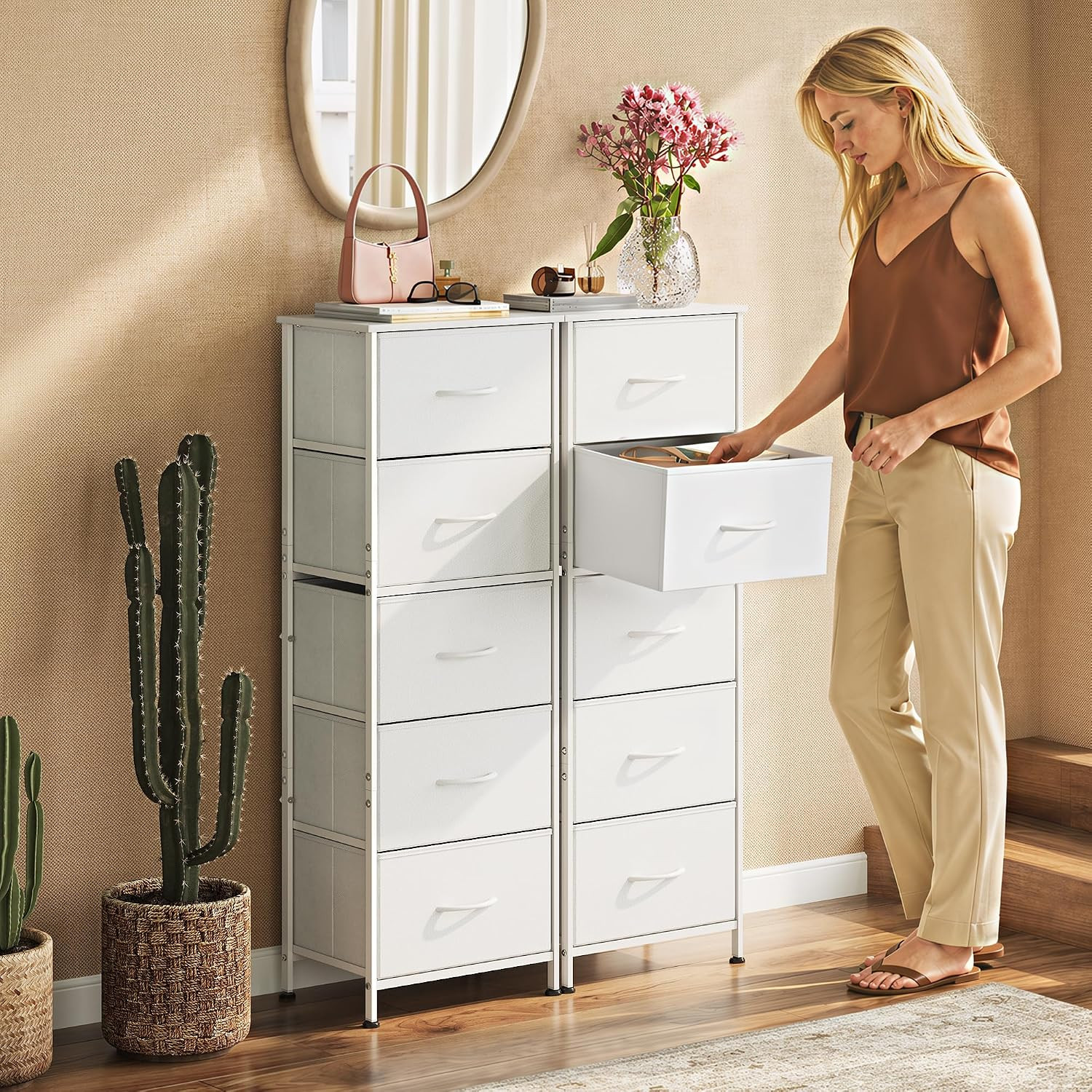 Tall Dresser for Bedroom, 5 Drawer Dresser, White | 5 Vertical Fabric Drawers, T