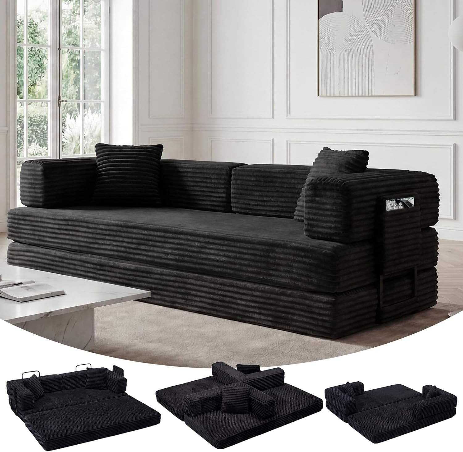 80.7” Queen Sofa Bed 5-in-1 Modular Convertible Sleeper Couch Futon with Pillow