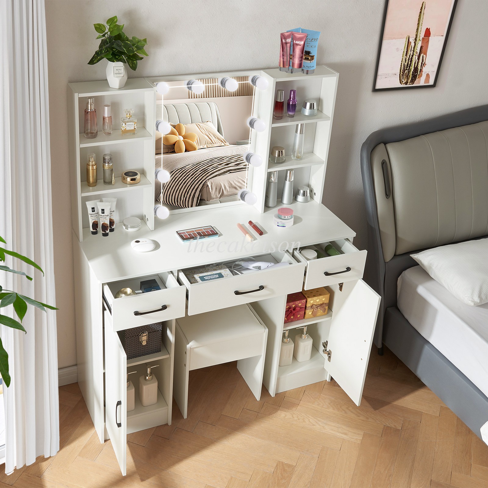 Vanity Set Makeup Desk with LED Lighted and 3 Drawers Dressing Table +LED Table