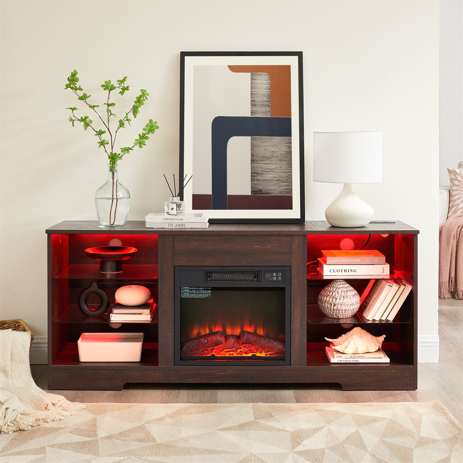 LED TV Stand Cabinets TV Media Console with 18” Fireplace for TV Up to 62in