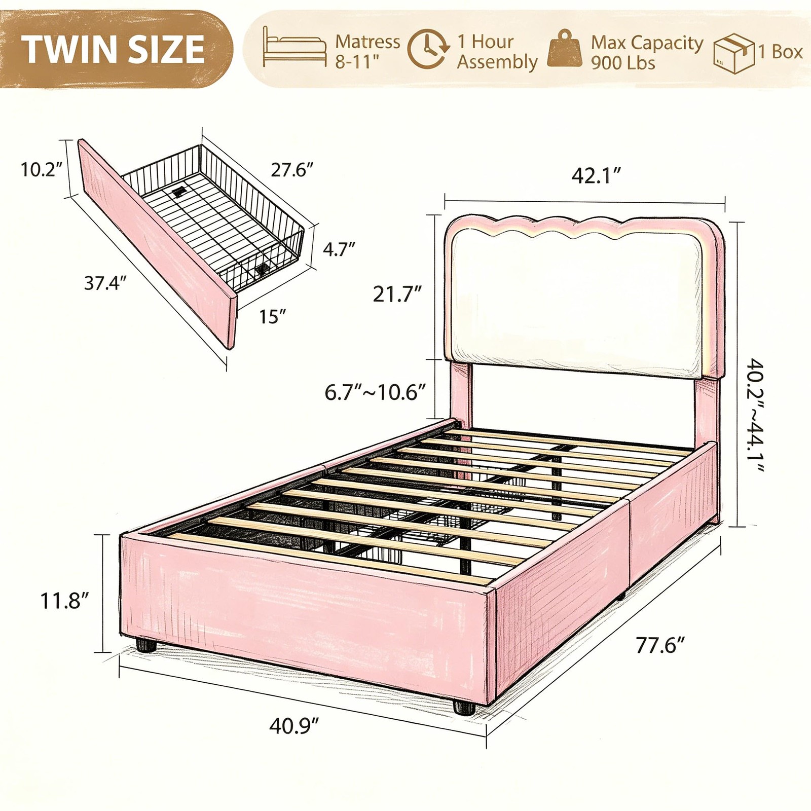 Irregular Wave Upholstered Platform Bed Frame with 2 Storage Drawers LED Lights
