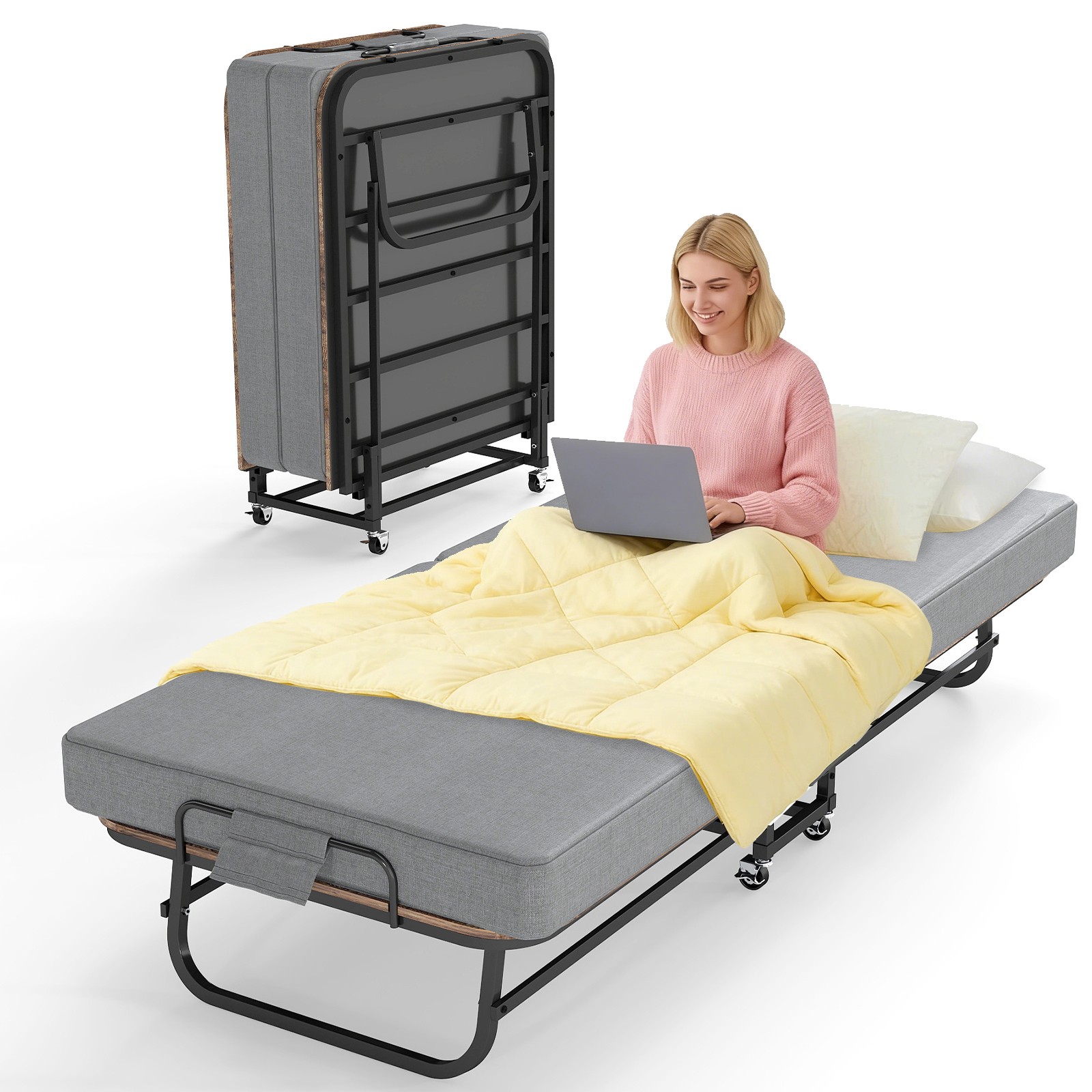 Folding Bed Rollaway Cot Guest Bed Daybed with Foam Mattress Sturdy Metal Frame