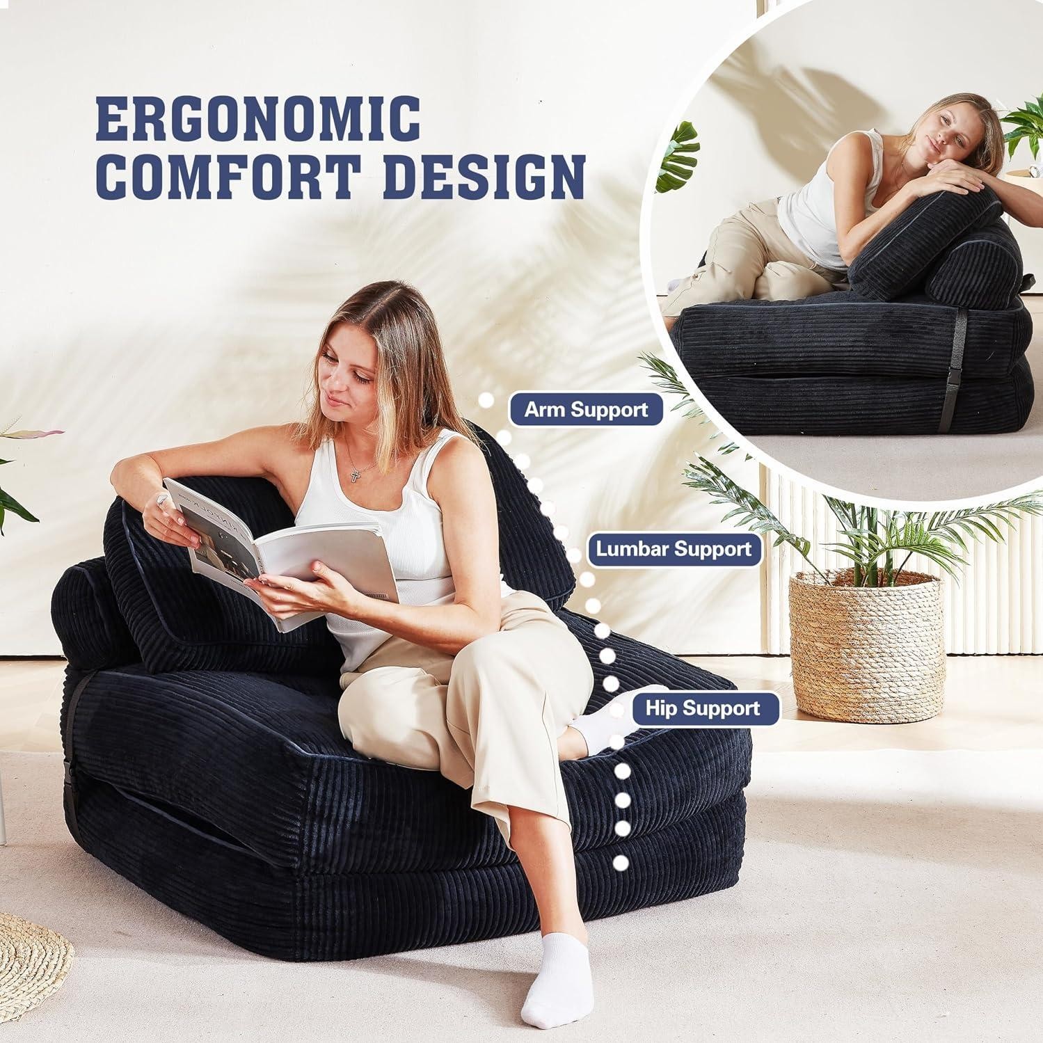 Folding Sofa Bed, Flannel Futon Couch Bed with Pillow and Blanket, Convertible