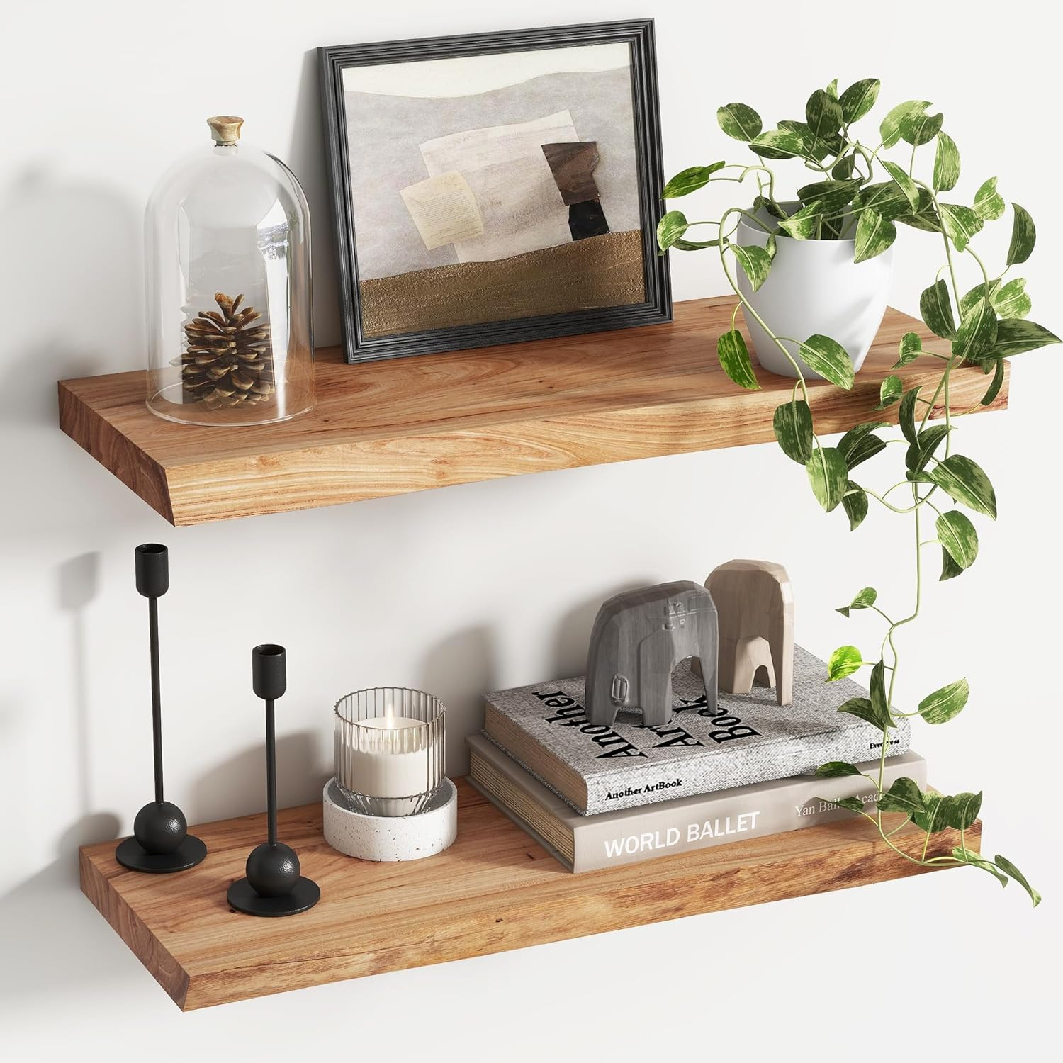 Rustic Elm Wood Floating Shelves for Wall, Live Edge 24″W X 9.3″D X 1.5″H, Set o