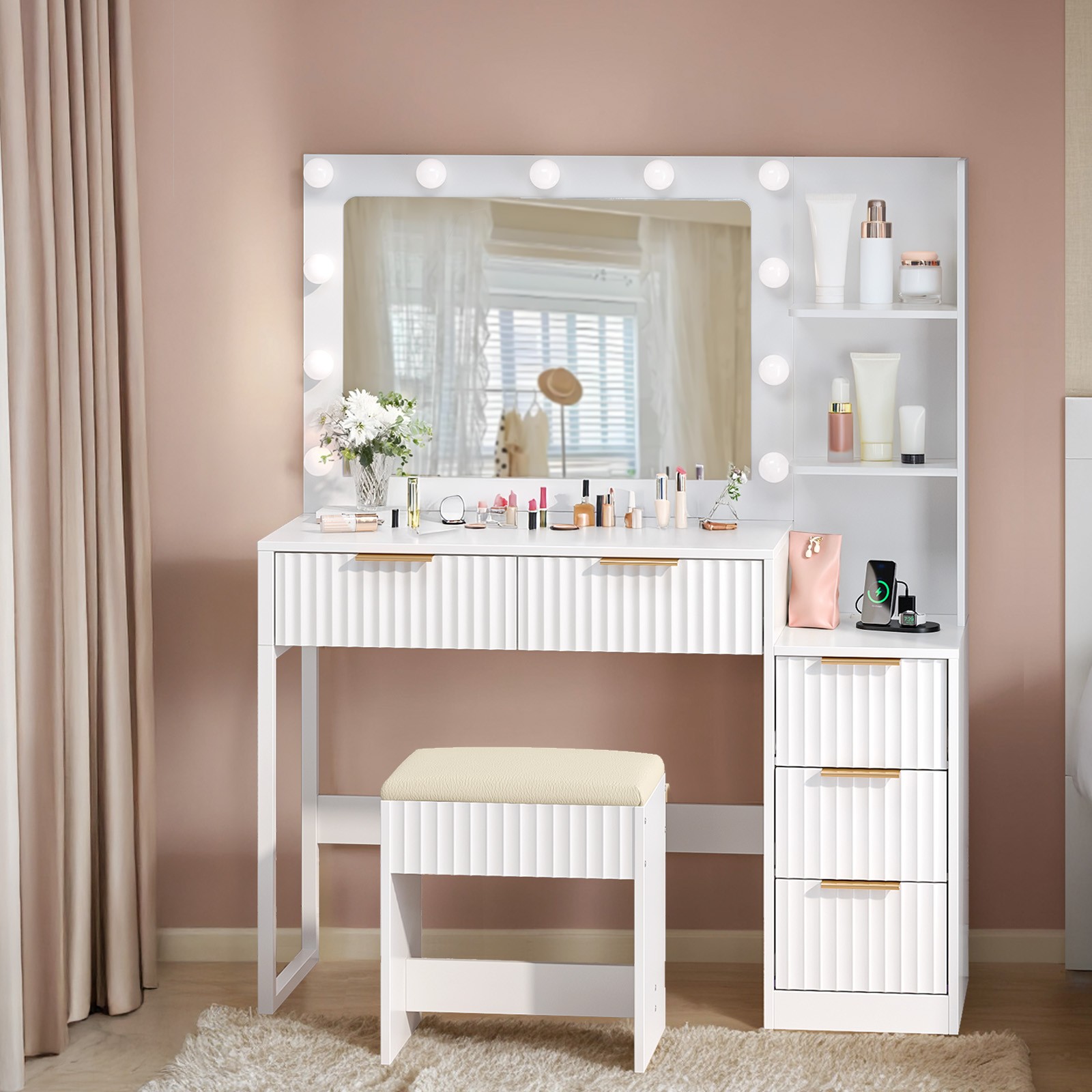 Fluted Makeup Vanity Table Set with Lighted Mirror, 5 Drawers, Outlets for Girls