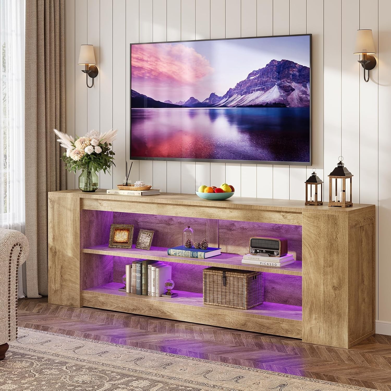 78″ Modern TV Stand with LED Light & Open Storage Shelves for TVs up to 90 Inch