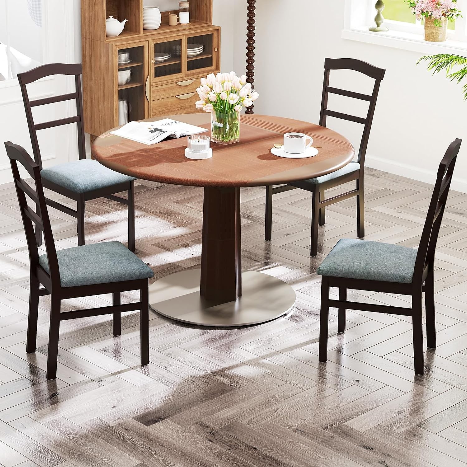 Wooden Dining Chairs Set of 2, Upholstered Kitchen Chair w/Rubber Wood Frame,