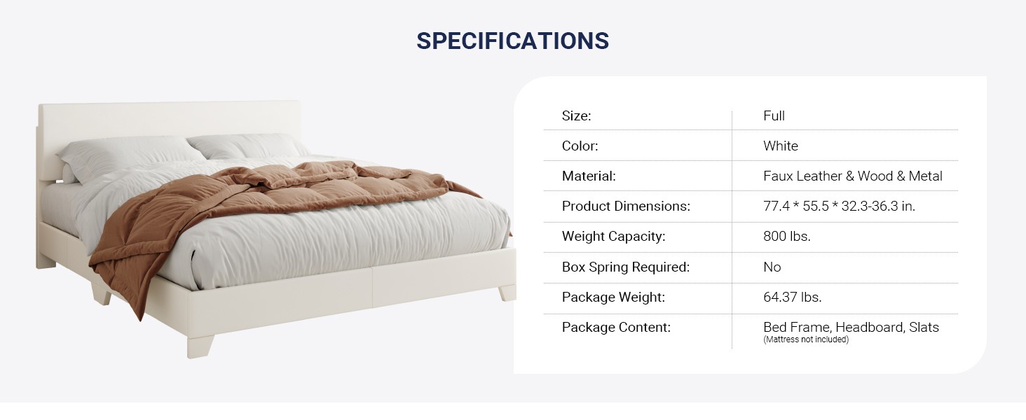 Full Size Bed Frame with Adjustable Headboard, Faux Leather Platform Bed with