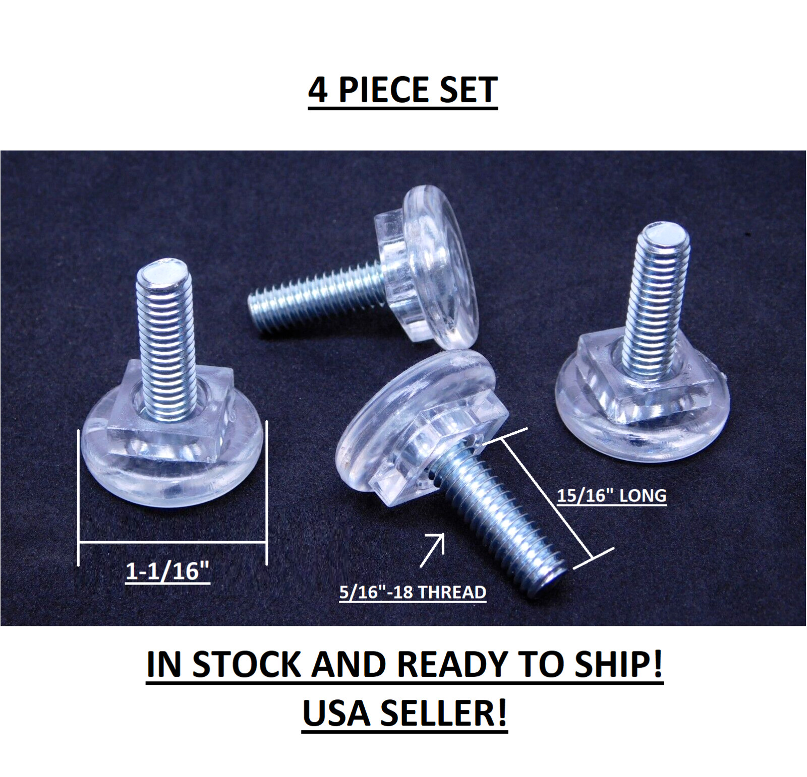 4 PACK Clear Acrylic Furniture Feet Adjustable 5/16-18 Threaded Leveler Glide HN