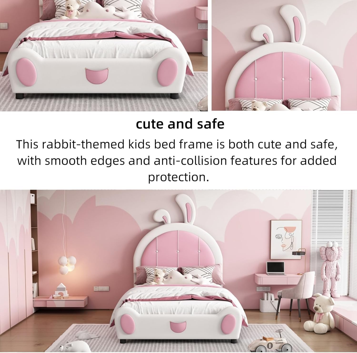 Twin Bed Frames for Girls Kids, Platform with Ribbit Shaped Upholstered Headboar